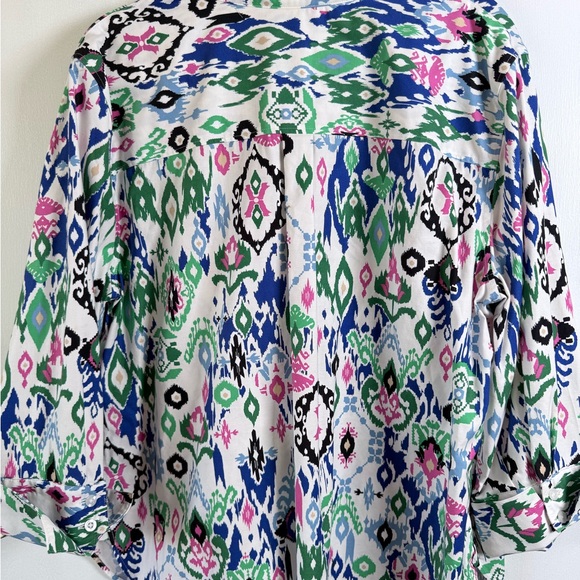 Chico's White Ikat Print Button-Up Shirt with Green, Blue and Pink Accents - Picture 3 of 11